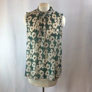 Green and Cream Sleeveless Floral Blouse